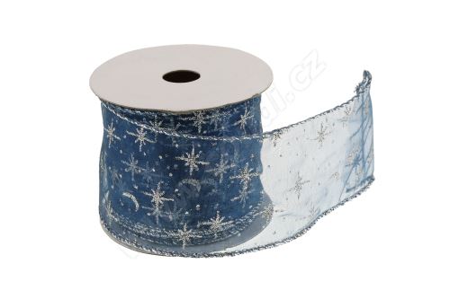 Vánoční textilní stuha na dárky a dekorace 6 cm x 2 m hvězdičky modrá